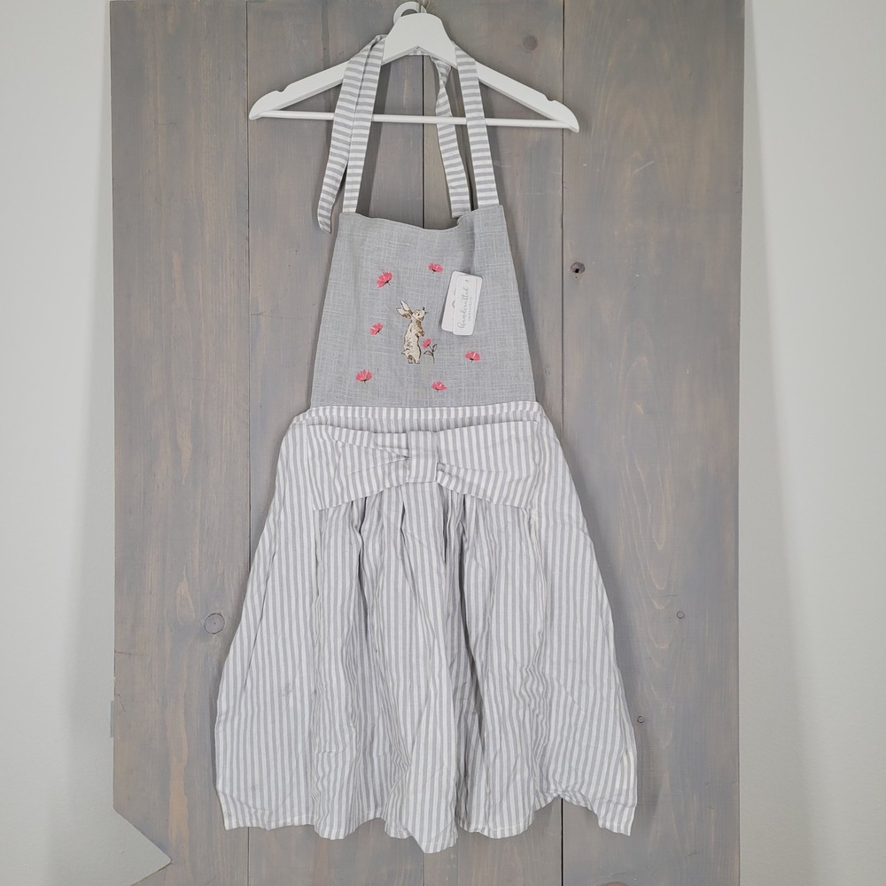 Bunny Tales Apron OS Gray White Striped Embroidered Rabbit Floral Cotton